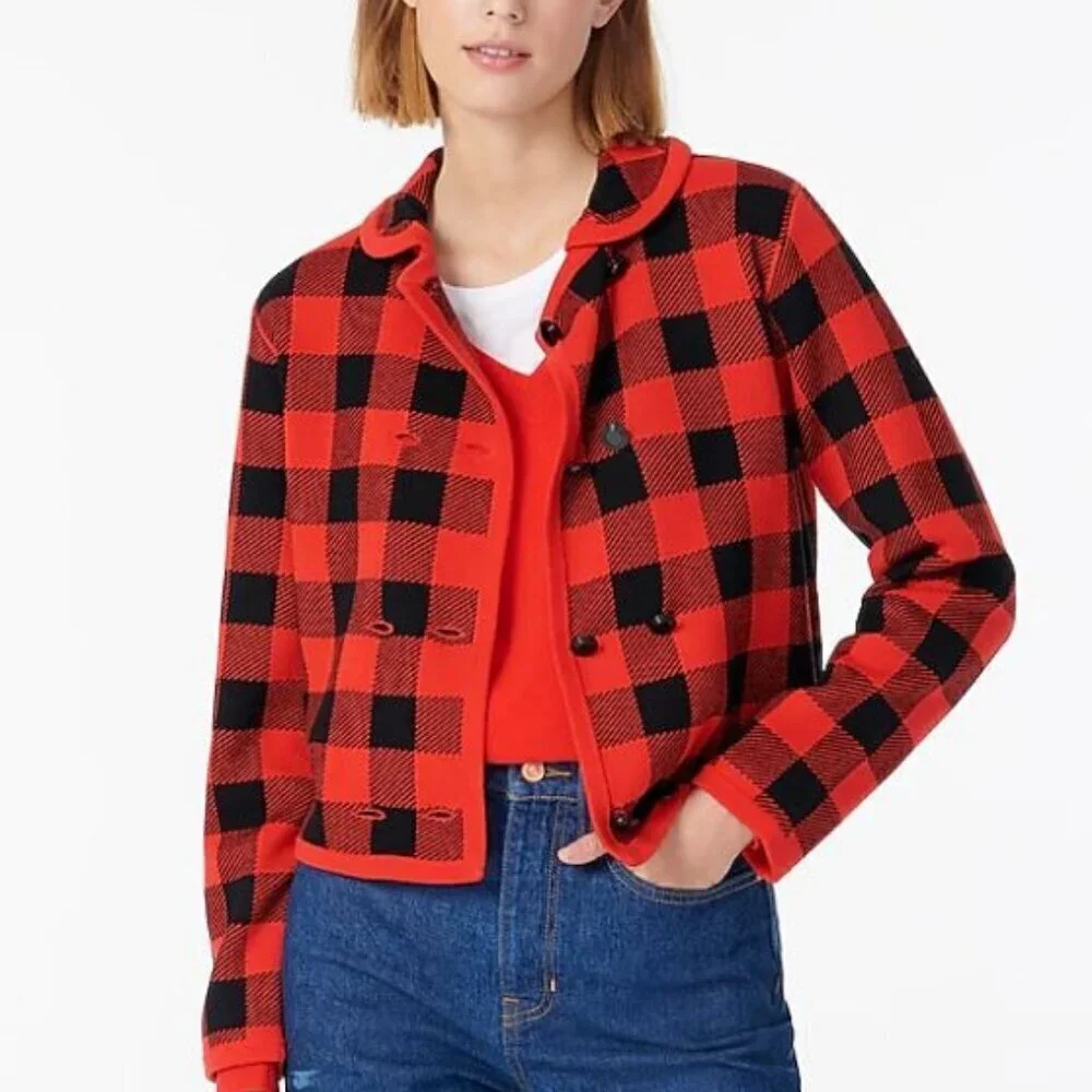 J. Crew Size Unknown Red & Black Buffalo Check / Plaid Double Breasted Cardigan
